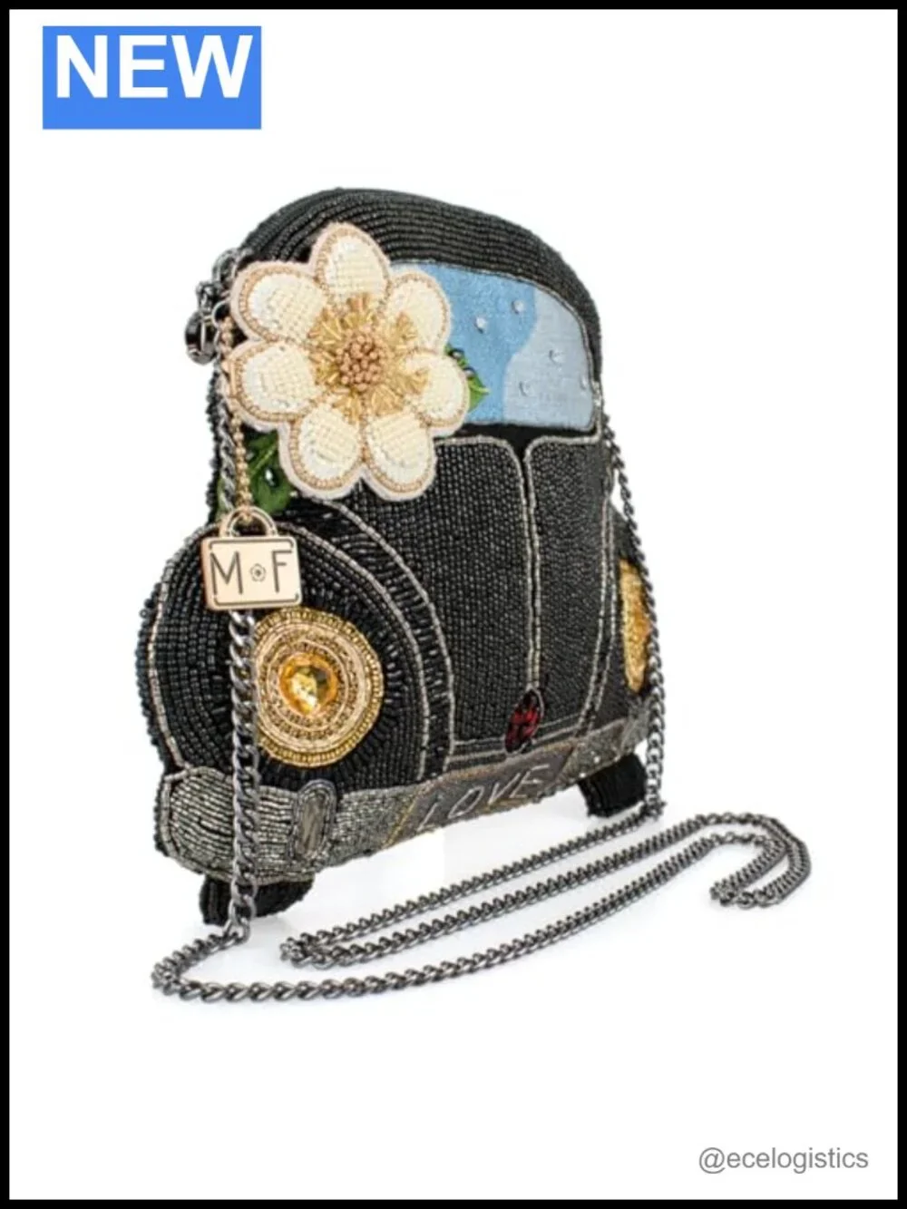 Crossbody Handbag Car-Shaped Beaded Vegan Leather with Flower and Rhinestones